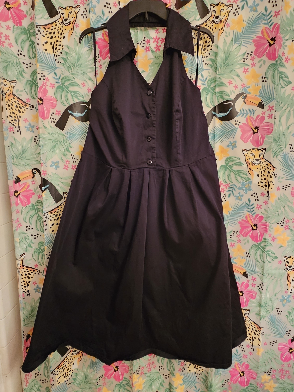 Halter Collared Fit-and-Flare Dress in Black